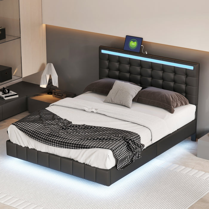 Queen Size Modern Upholstered Platform Bed with LED Lights and USB Charging - Black