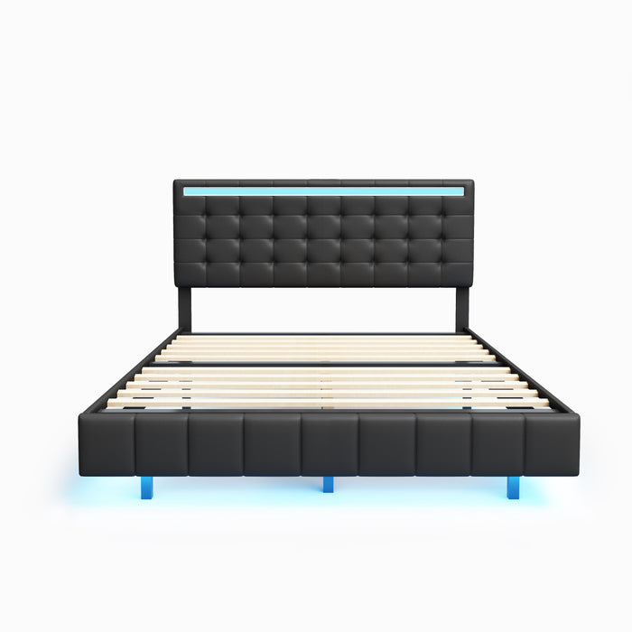 Queen Size Modern Upholstered Platform Bed with LED Lights and USB Charging - Black