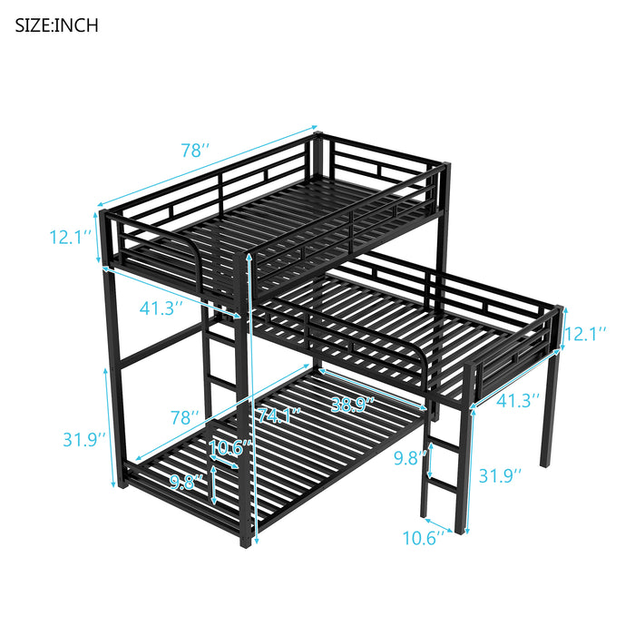 L-shaped Metal Triple Twin Size Bunk Bed - Black