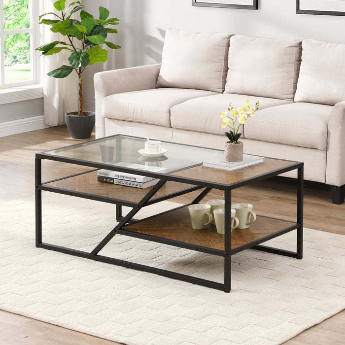 Black Coffee Table with Storage Shelf - Tempered Glass