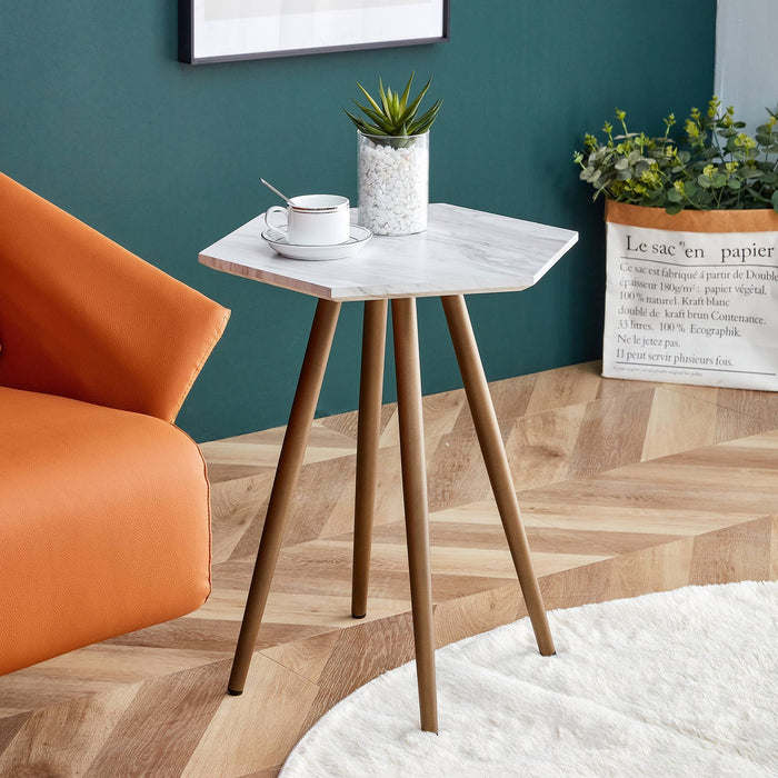 Modern Minimalism White Faux Marble End Table( MDF Tabletop + Metal Legs )