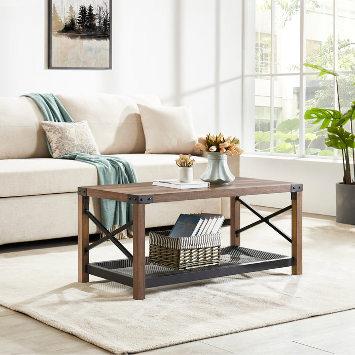 Farmhouse Style 2-Tier Cocktail Table with Mesh Shelf For Living Room - Brown