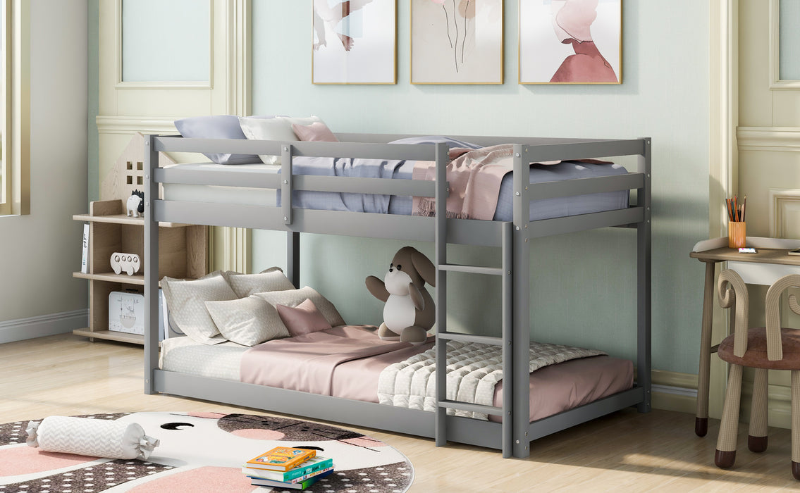 Twin over Twin Floor Bunk Bed with Ladder - White