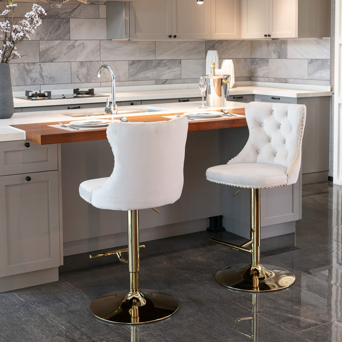 Golden Swivel Velvet Barstools, Beige (Set of 2）