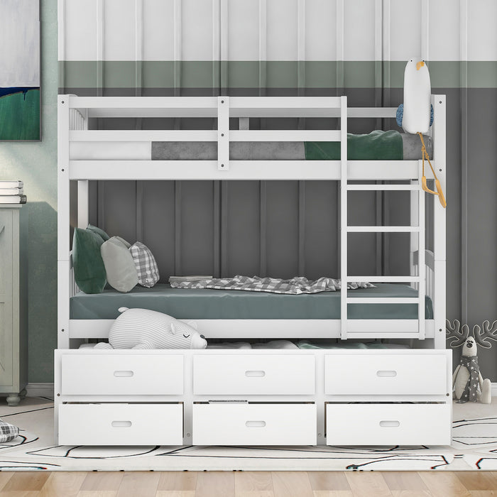 Twin over Twin Wood Bunk Bed with Trundle and Drawers - White