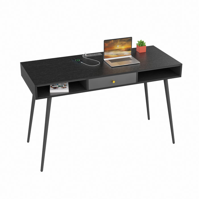 Mid Century Desk with USB Ports and Power Outlet - Black