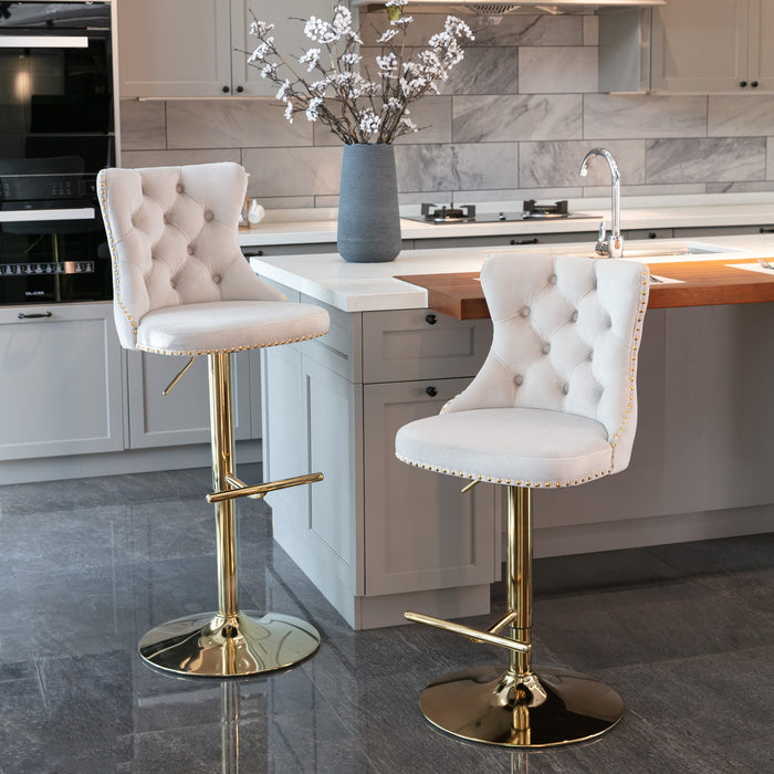 Golden Swivel Velvet Barstools, Beige (Set of 2）