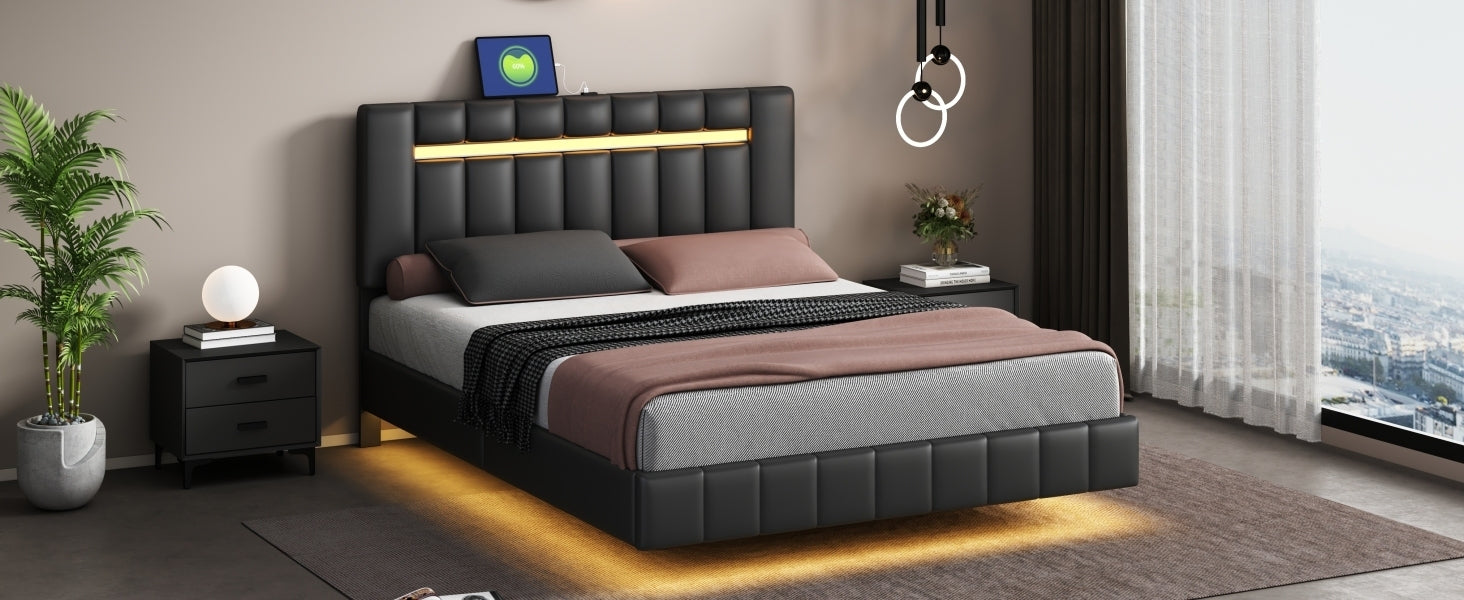 Queen Size Modern Upholstered Platform LED Bed  with LED Lights and USB Charging - Black