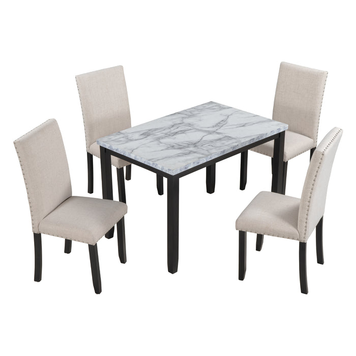 5-Piece Faux Marble Dining Set  - White/Beige + Black