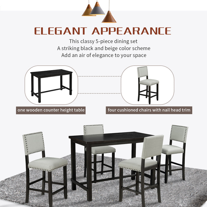 5-Piece Counter Height Dining Set - Espresso + Beige