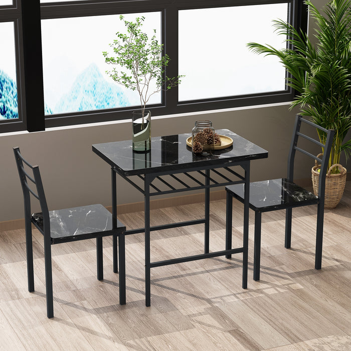 3-Piece Modern Dining Table Set - Black Frame + Printed Black Marble Finish