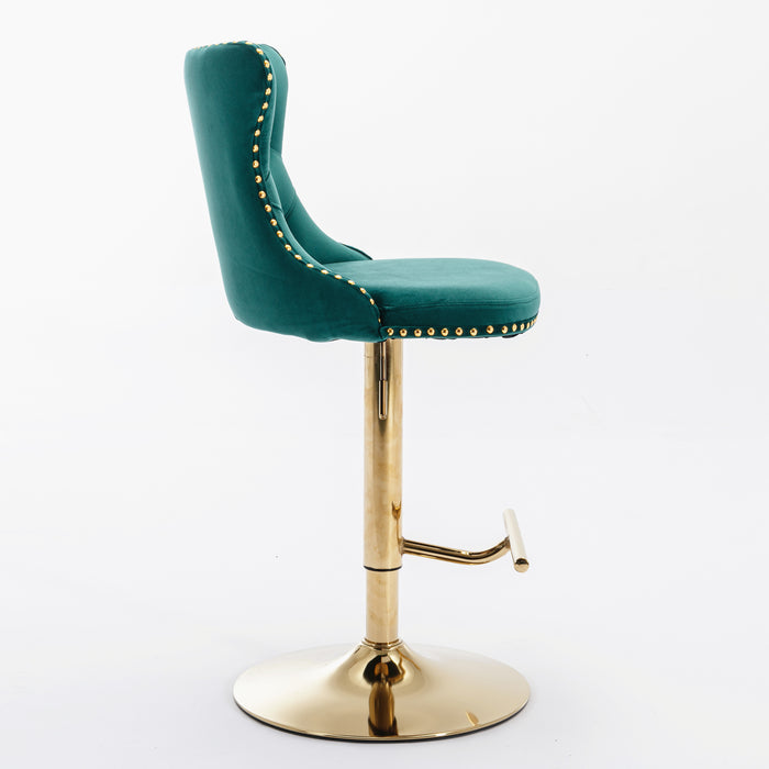 Golden Swivel Velvet Barstools, Green (Set of 2）