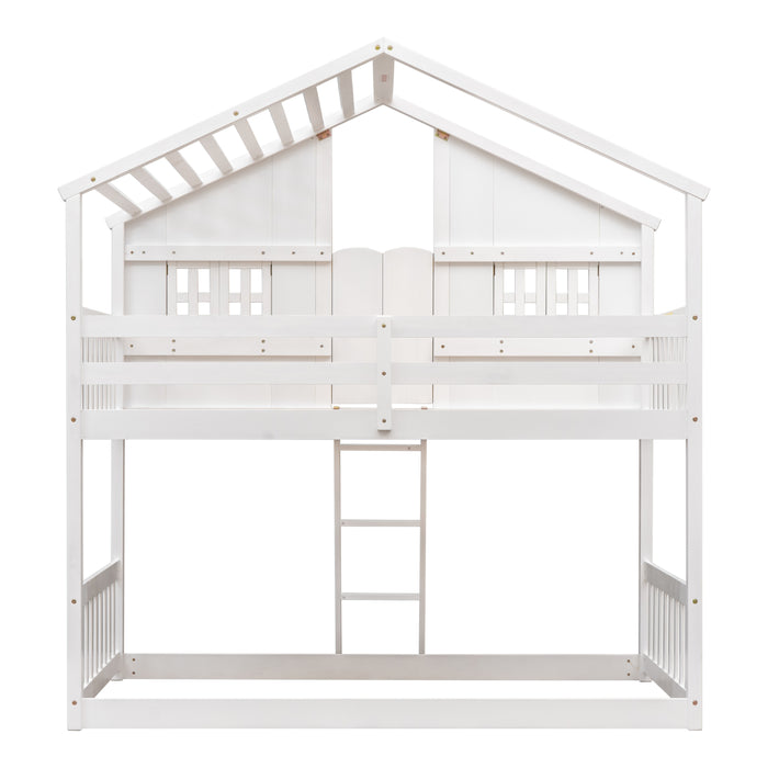 Twin over Twin House Bunk Bed with Roof , Windows - White