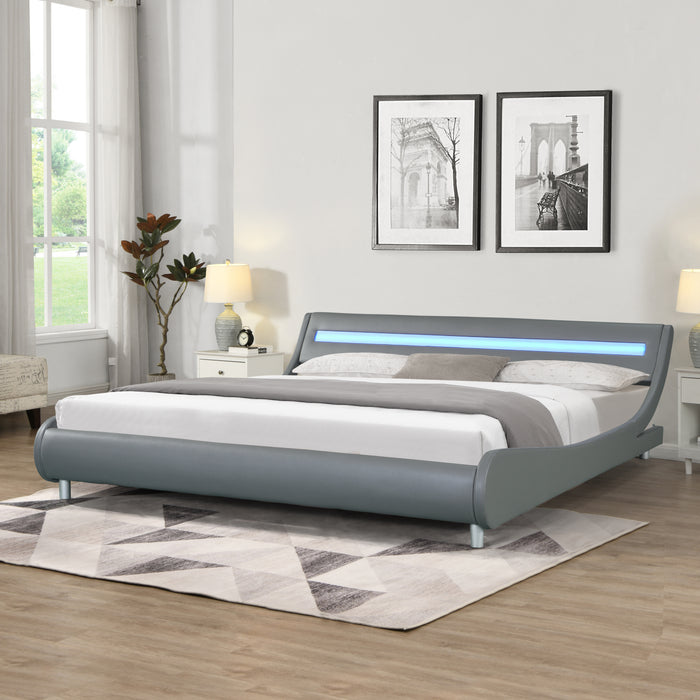 King size Faux Leather Upholstered Platform Bed Frame with led lighting - Gray