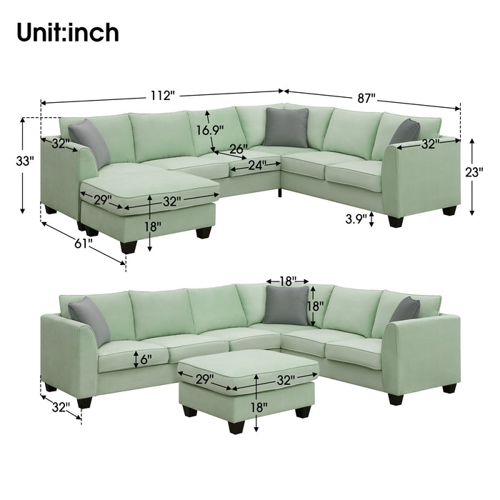 7 Seats Modular Sectional Sofa with Ottoman-Green