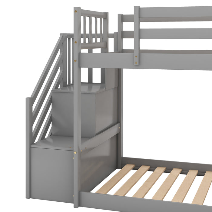 Twin over Twin Bunk Bed with Convertible Slide and Stairway - Gray