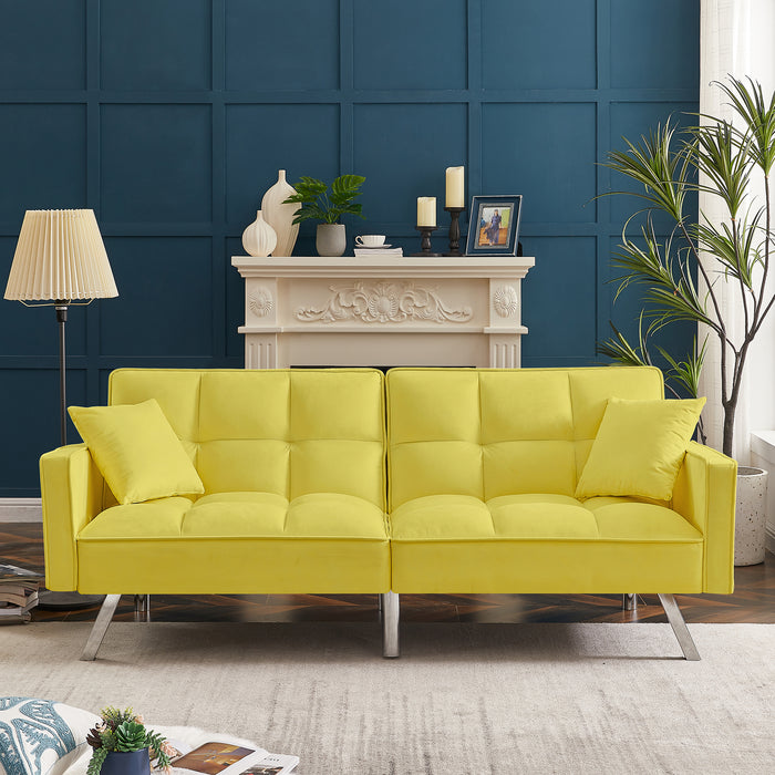 Modern Velvet Sofa Bed with Armrests and 2 Pillows - YELLOW