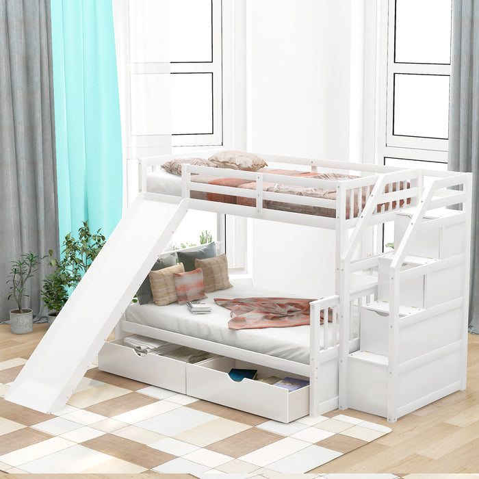 Multifunction Twin over Full Bunk Bed with Drawers, Storage and Slide - White