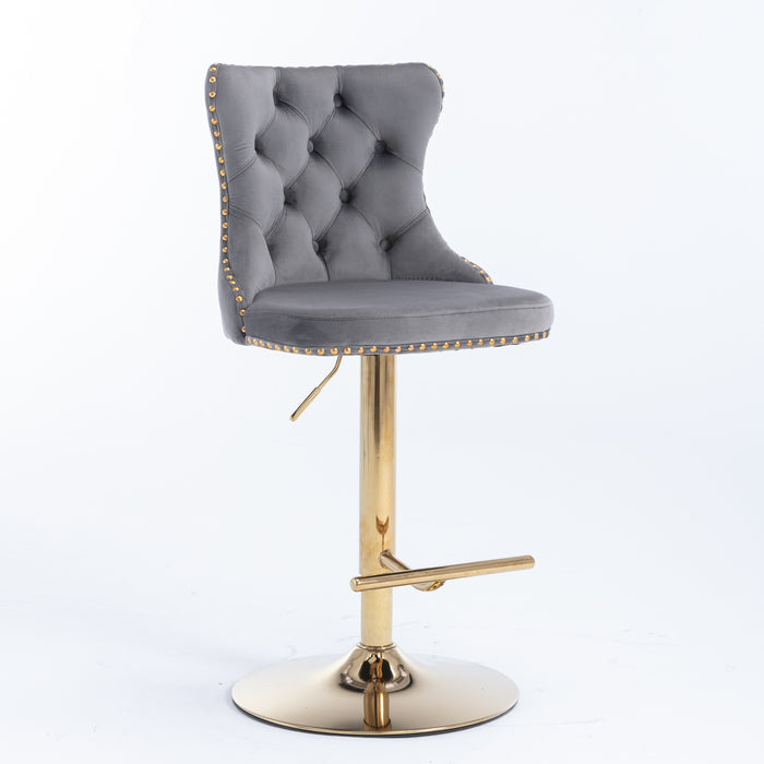 Golden Swivel Velvet Barstools , Gray (Set of 2）