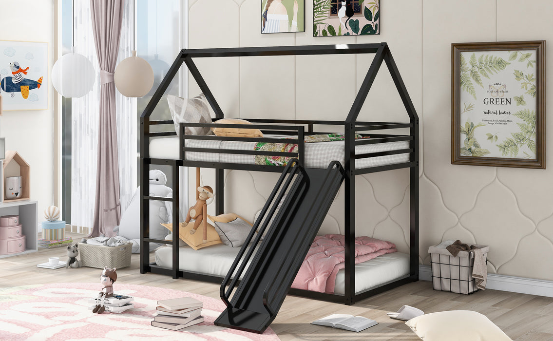 Twin over Twin House Bunk Bed with Ladder and Slide - Black