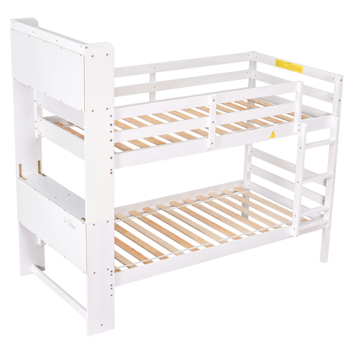 Twin Over Twin Bunk Beds with Bookcase Headboard - White