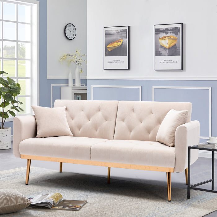 Velvet loveseat with rose gold metal feet