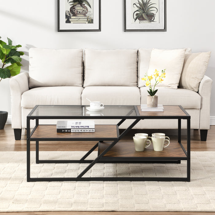 Black Coffee Table with Storage Shelf - Tempered Glass