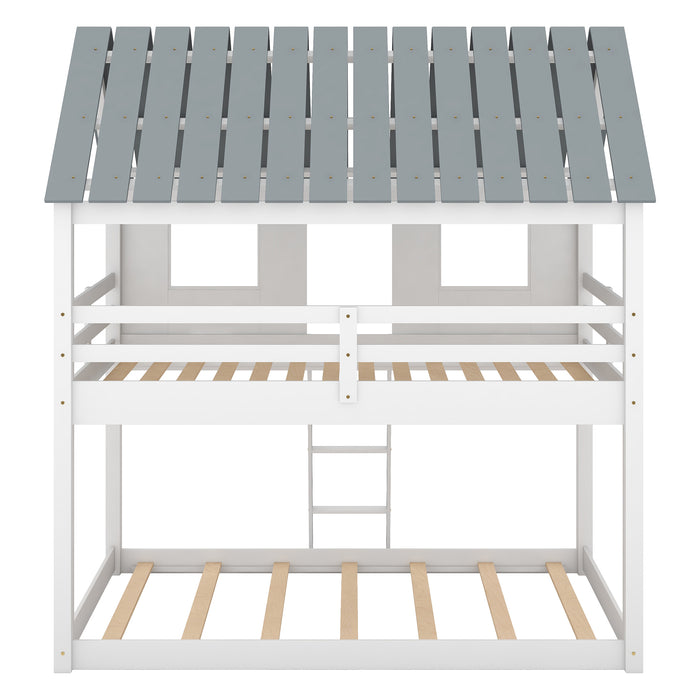 Twin over Twin Size Low Bunk Beds with Roof and Fence-shaped Guardrail, White