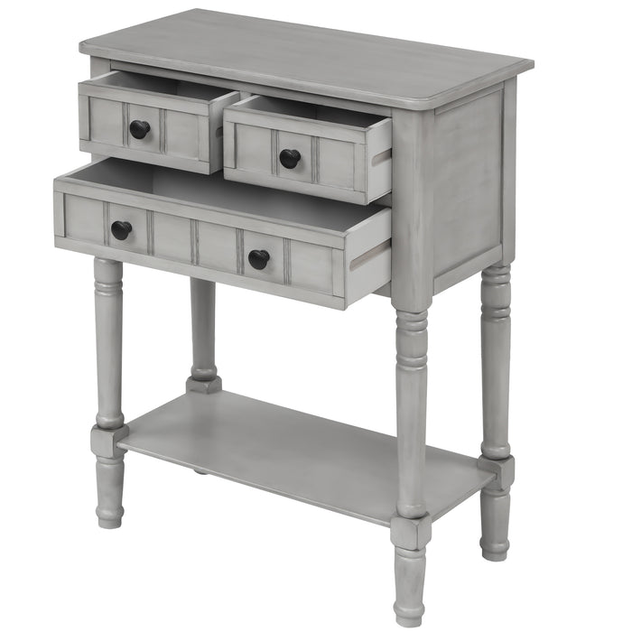 Narrow Console Table with Three Storage Drawers and Bottom Shelf - Gray Wash