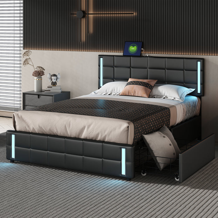 Queen Upholstered  Storage Platform Bed with LED Lights and USB Charging - Black