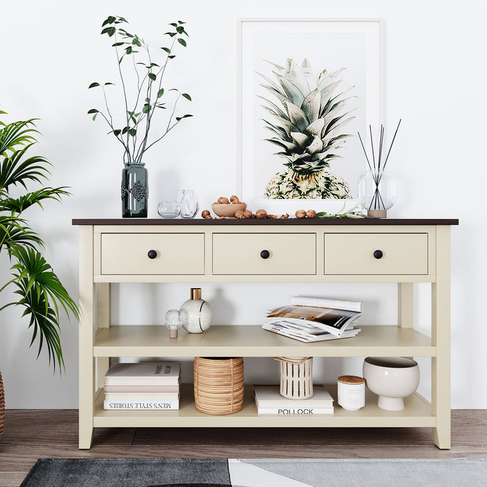 Retro Design Console Table with Two Open Shelves - Espresso + Beige