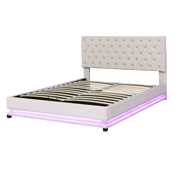 Queen Size Storage Upholstered Platform Bed with Adjustable Tufted Headboard and LED Light - Beige