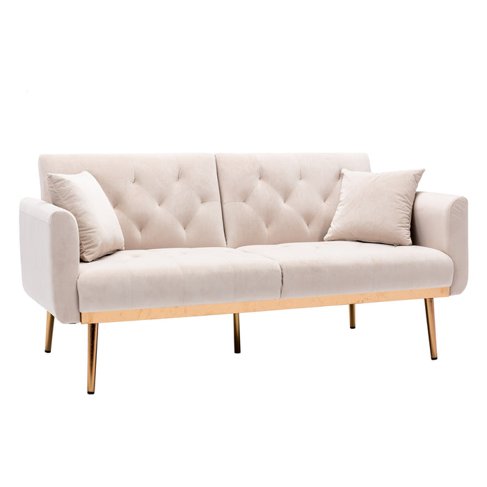 Velvet loveseat with rose gold metal feet