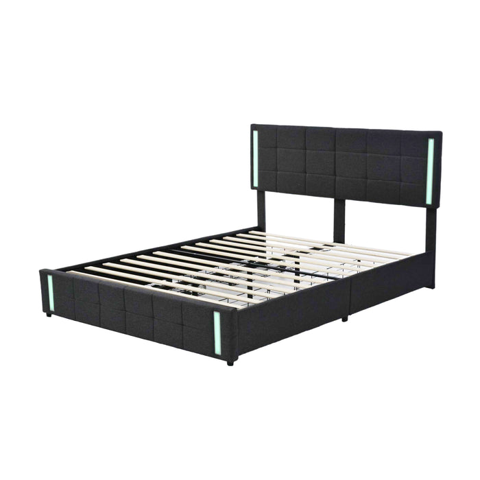 Queen Upholstered  storage Platform Bed with LED Lights and USB Charging - Dark Gray