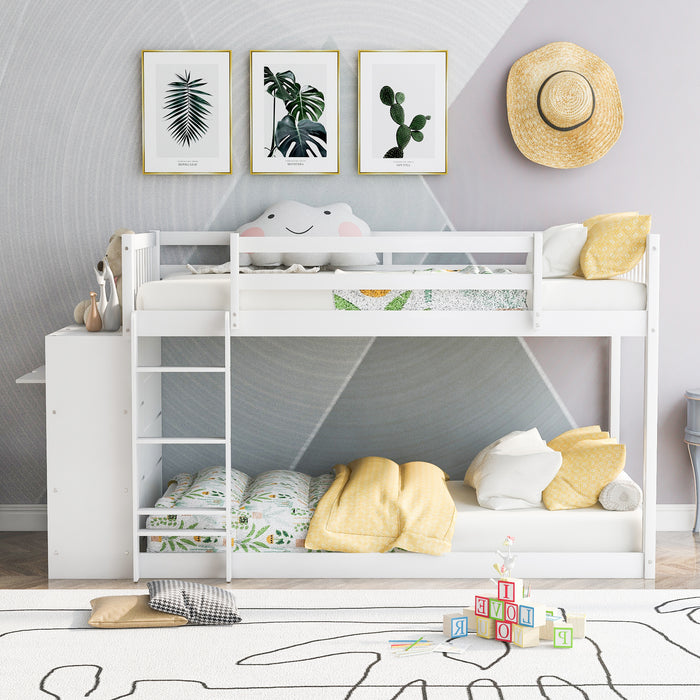 Twin over Twin Bunk Bed with Attached Cabinet and Shelves Storage - White