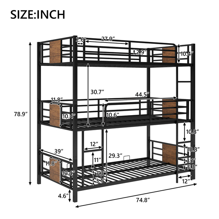 Twin Size Triple Metal Bunk Bed - Brown