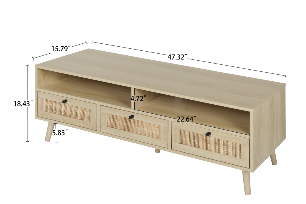 Rattan TV Stand with Solid Wood Feet - Natural