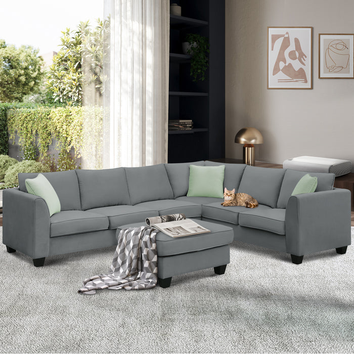 7 Seats Modular Sectional Sofa with Ottoman L Shape Fabric - Grey