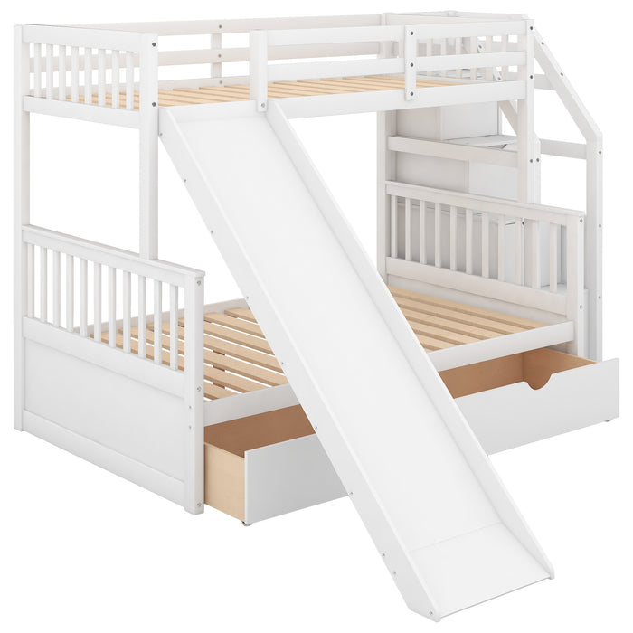 Multifunction Twin over Full Bunk Bed with Drawers, Storage and Slide - White