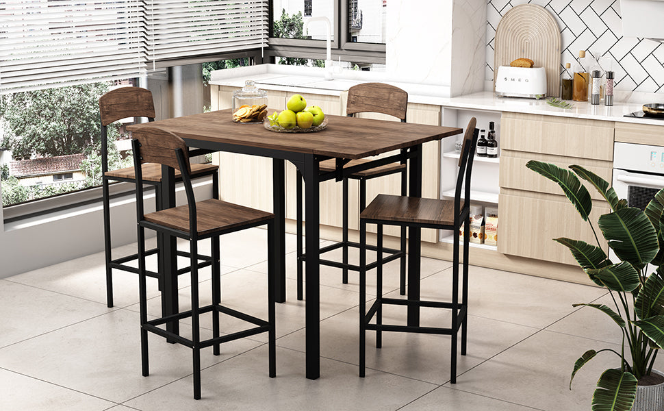 5-piece Farmhouse Counter Height Dining Table Set - Black Frame+Brown Tabletop