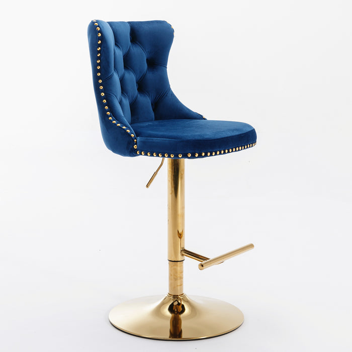 Golden Swivel Velvet Barstool, Blue (Set of 2）