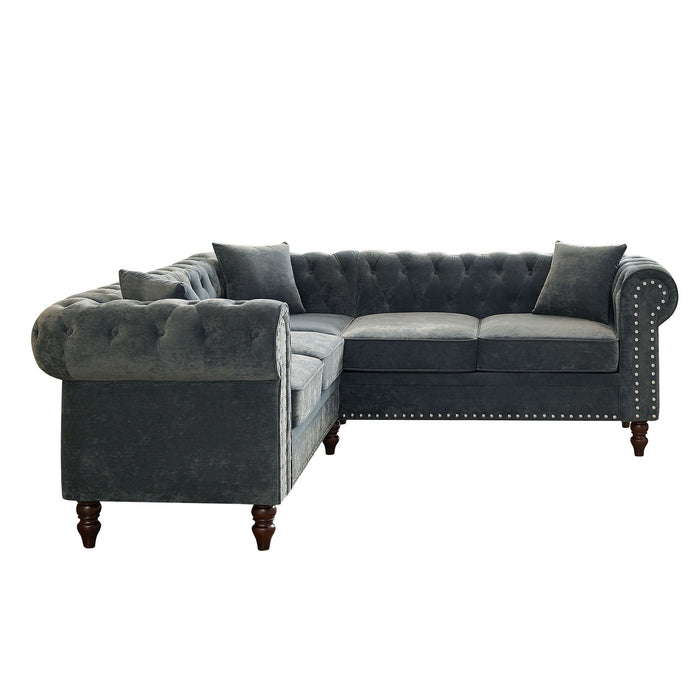 Luxury Classic Chesterfield L-shaped Sectional, Grey velvet