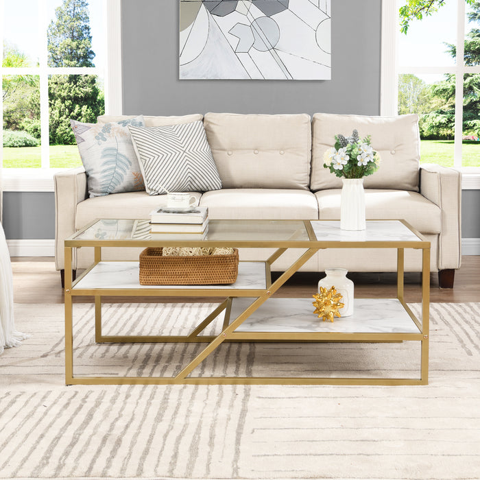 Golden Coffee Table with Storage Shelf - Tempered Glass