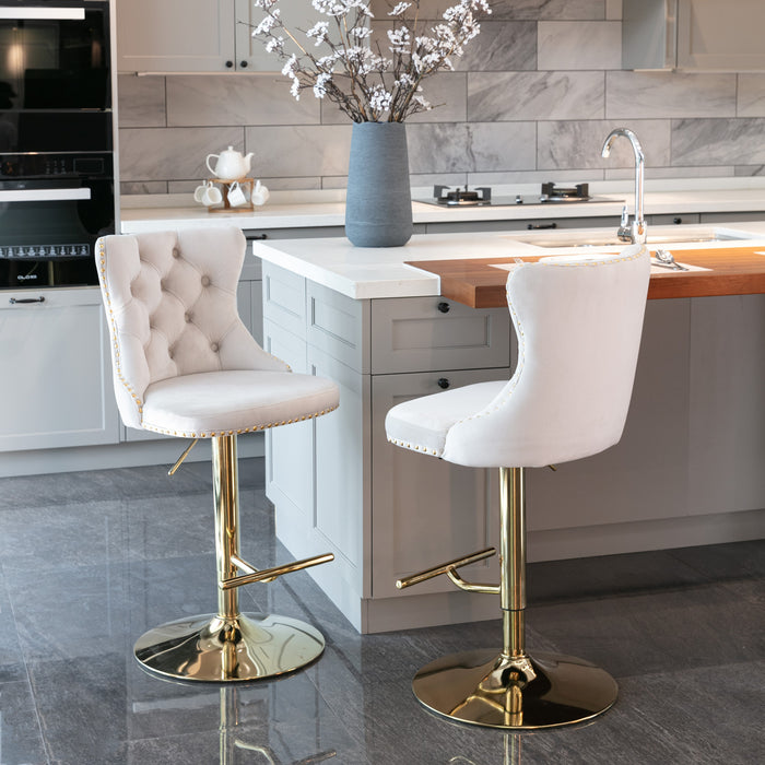 Golden Swivel Velvet Barstools, Beige (Set of 2）