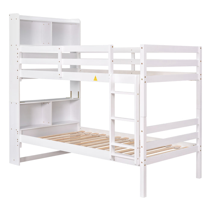 Twin Over Twin Bunk Beds with Bookcase Headboard - White