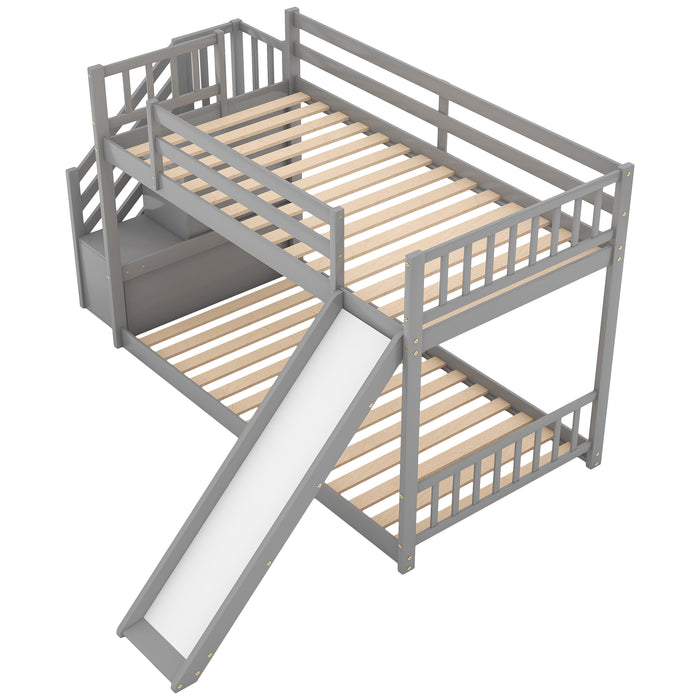 Twin over Twin Bunk Bed with Convertible Slide and Stairway - Gray