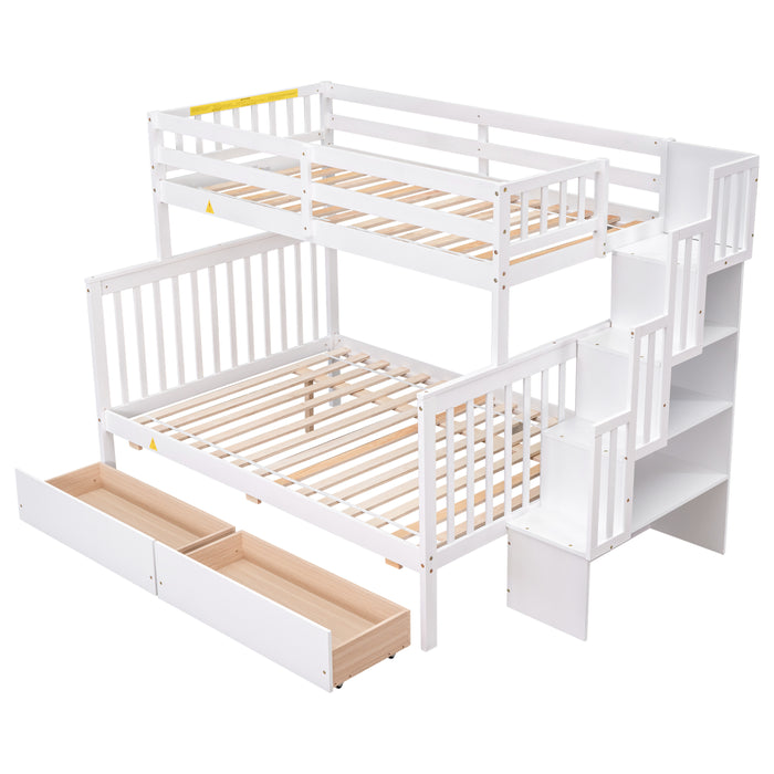 Twin Over Full Bunk Bed with 2 Drawers and Staircases - White