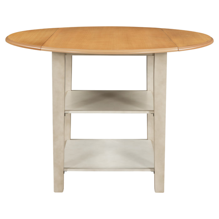 Farmhouse Round Kitchen Dining Table with Drop Leaf  and  2-tier Shelves