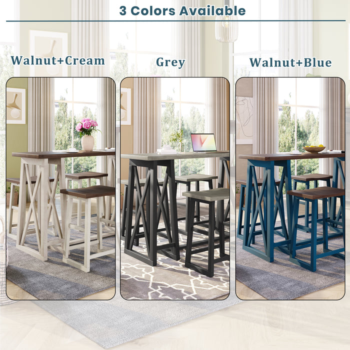 5-Piece Rustic Counter Height Dining Set - Walnut+Blue