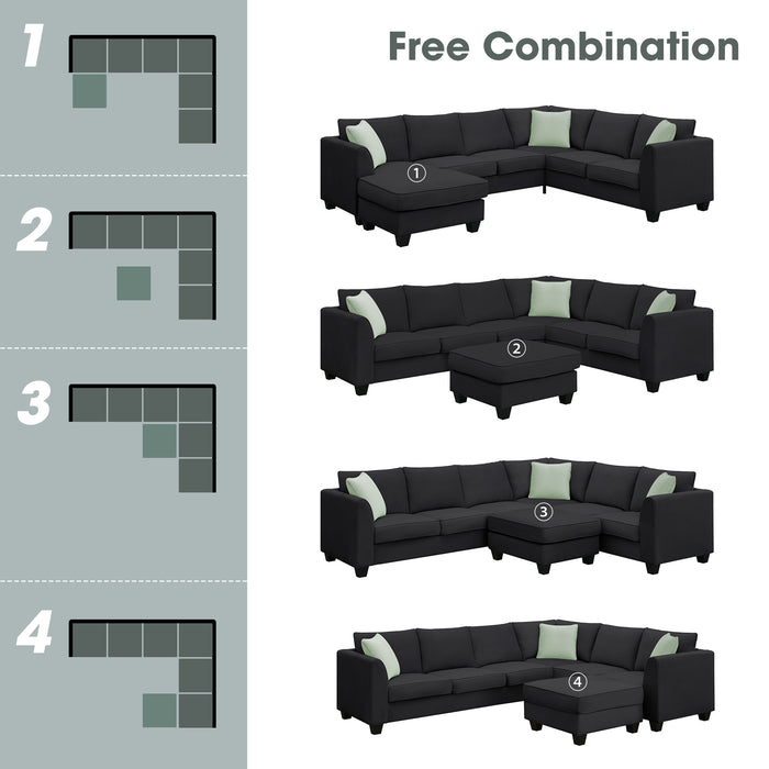 7 Seats Modular Sectional Sofa with Ottoman - Black